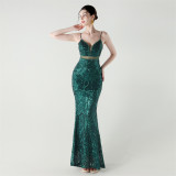 Women See-Through Mesh back cross Lace-Up fishtail sequined evening dress