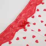 Women Heart Print Lace V-Neck Suspender Top and Shorts Two Piece Set