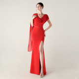 Women Tulle Shawl Beaded Tube Embroidery One Shoulder Evening Dress​