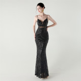 Women tulle Patchwork cross Lace-Up sequined Formal Party evening dress