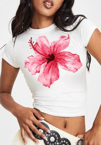 Women Summer Flower Print Sexy Crop Short Sleeve T-shirt