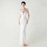 Women off-shoulder beaded sling V Neck Formal Party evening dress