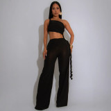 Women Halter Neck Strapless gathered tie rope wide leg jumpsuit