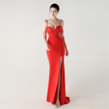 Women lace mesh herringbone Lace-Up beaded Formal Party evening dress