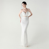 Women tulle Patchwork cross Lace-Up sequined Formal Party evening dress