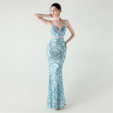 Women See-Through Mesh back cross Lace-Up fishtail sequined evening dress