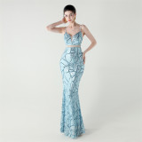 Women tulle Patchwork cross Lace-Up sequined Formal Party evening dress
