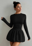 Women Round Neck Long Sleeve Pleated Casual Dress