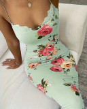 Women Blue Floral Print Patchwork Lace Suspender Dress