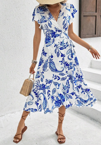 Women Summer Printed Ruffle Short Sleeve Lace Dress