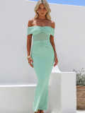 Women Solid Backless Off Shoulder Gathered Bodycon Maxi Dress