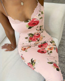 Women Blue Floral Print Patchwork Lace Suspender Dress