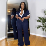 Women Elegant Stretch Contrast Color Turndown Collar Jumpsuit