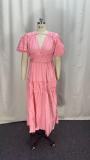 Women Spring V-Neck Zipper Puff Sleeve Hollow Maxi Dress
