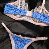 Women summer lace blue and pink leopard print Patchwork contrast color butterfly bra Sexy Lingerie Two Piece Set