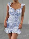 Women Retro Floral Off-shoulder Ruffle Sexy Dress