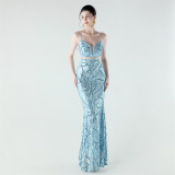 Women beaded cross Lace-Up v-neck fishtail Formal Party evening dress