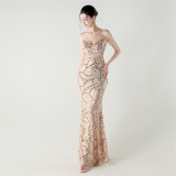 Women beaded cross Lace-Up hollow Patchwork Formal Party evening dress