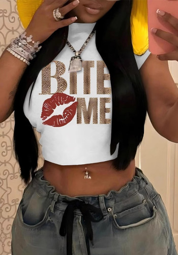 Women Summer Letter Print Sexy Crop Short Sleeve T-shirt