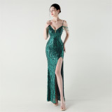 Women Backless Beaded Slit Party Evening Dress
