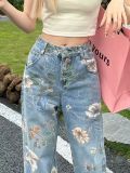 Women American Retro Printed Wide Leg Denim Pants