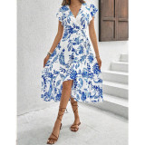 Women Summer Printed Ruffle Short Sleeve Lace Dress