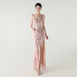 Women Backless Beaded Slit Party Evening Dress