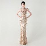 Women See-Through Mesh back cross Lace-Up fishtail sequined evening dress