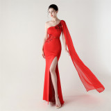Women Tulle Shawl Beaded Tube Embroidery One Shoulder Evening Dress​
