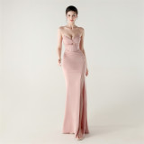 Women herringbone Lace-Up wrapped chest pleated hollow Formal Party evening dress