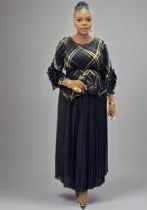 Plus Size Women African pleated Casual irregular Top and Skirt Two Piece Set