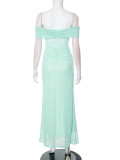 Women Solid Backless Off Shoulder Gathered Bodycon Maxi Dress