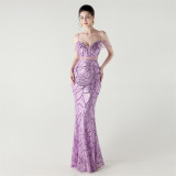 Women beaded cross Lace-Up hollow Patchwork Formal Party evening dress