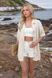 Women Spring Summer Turndown Collar Casual Short Sleeve Knitting Top