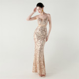 Women tulle Patchwork cross Lace-Up sequined Formal Party evening dress