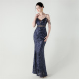 Women beaded cross Lace-Up v-neck fishtail Formal Party evening dress