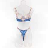 Women summer lace blue and pink leopard print Patchwork contrast color butterfly bra Sexy Lingerie Two Piece Set