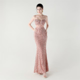 Women herringbone Lace-Up wrapped chest formal Formal Party sequined evening dress