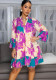 Women Elegant Floral Print V-Neck Patchwork Contrast Color Mini Dress