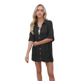 Women Spring Summer Turndown Collar Casual Short Sleeve Knitting Top