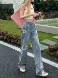 Women American Retro Printed Wide Leg Denim Pants