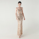 Women tulle Patchwork cross Lace-Up sequined Formal Party evening dress