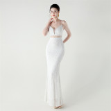 Women beaded cross Lace-Up v-neck fishtail Formal Party evening dress