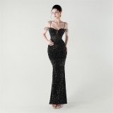 Women herringbone Lace-Up wrapped chest formal Formal Party sequined evening dress