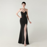 Women herringbone Lace-Up wrapped chest pleated hollow Formal Party evening dress
