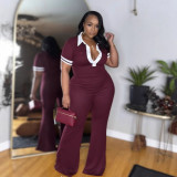 Women Elegant Stretch Contrast Color Turndown Collar Jumpsuit