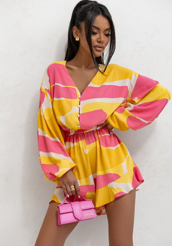 Women Summer V-neck Single-breasted Long Sleeve Jumpsuit