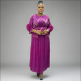 Plus Size Women African pleated Casual irregular Top and Skirt Two Piece Set