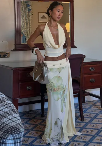 Women Sexy Halter Neck Backless Top Patchwork Mesh Print Slit Skirt Two Piece Set