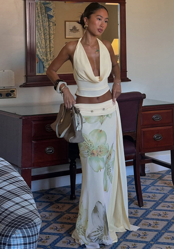 Women Sexy Halter Neck Backless Top Patchwork Mesh Print Slit Skirt Two Piece Set